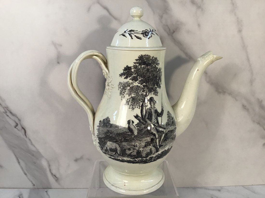 English Creamware Black Transferware Strap Handle Coffee 10" Pot (1 of 6)