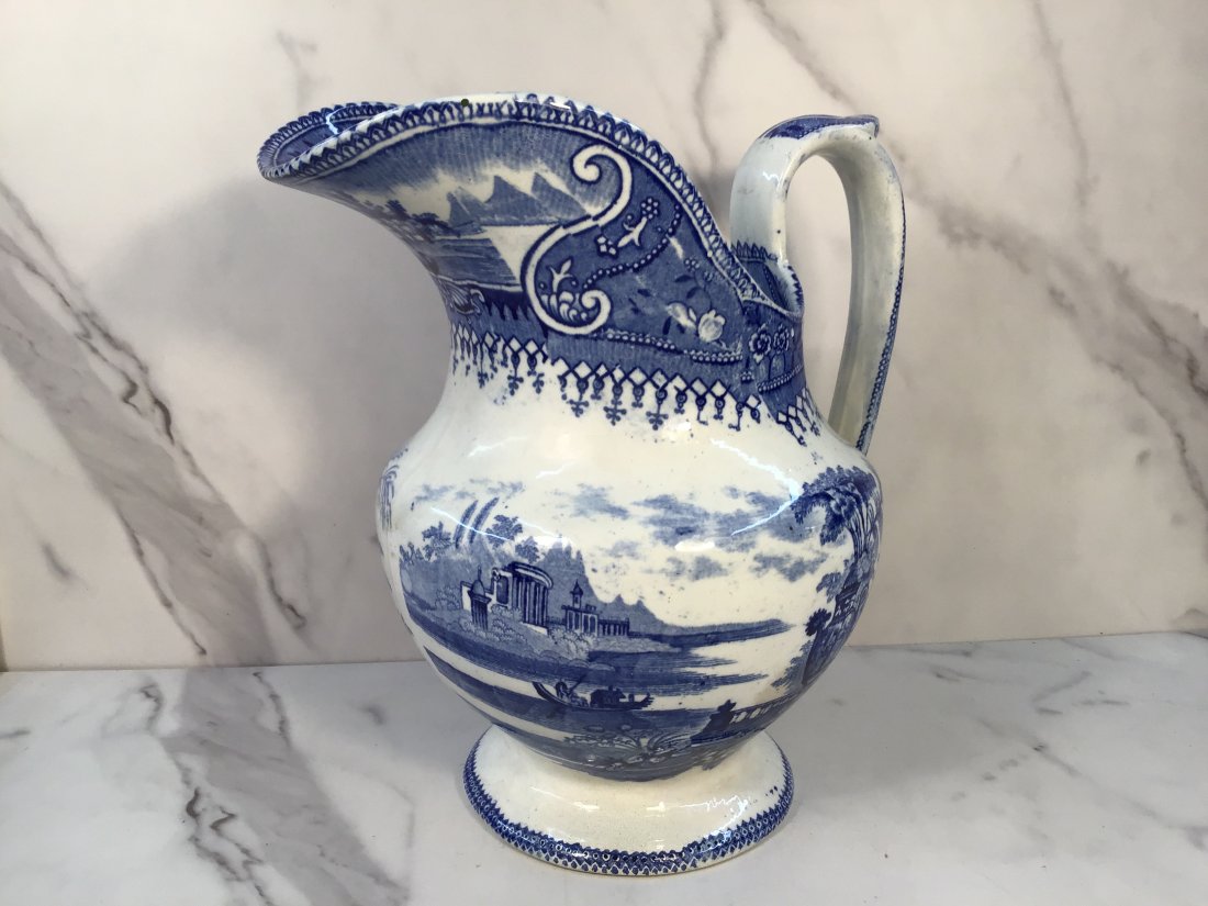 English Staffordshire Light Blue 9.25" Pitcher Neoclassical Scene: Classical form, restored rim.