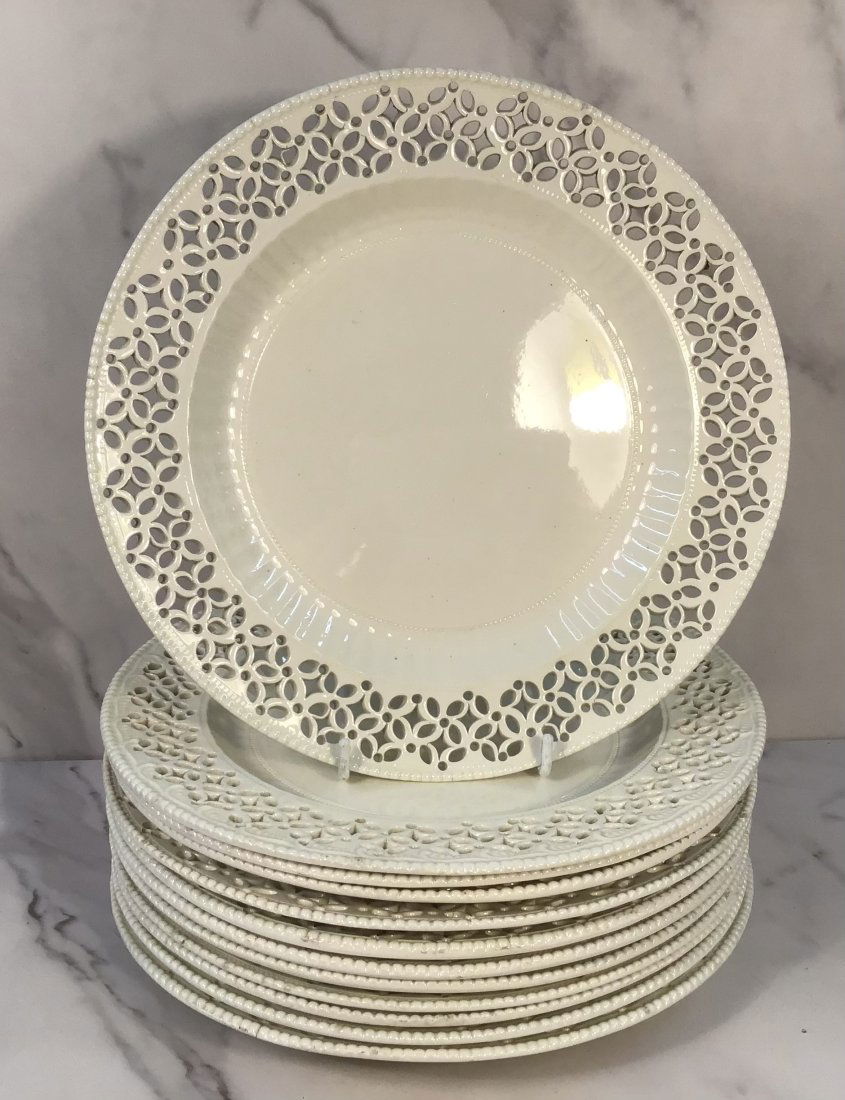 FINE Set 12 18thC English Creamware Pierced 9.5" Dinner Plates (1 of 3)