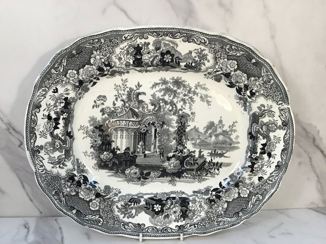 English Staffordshire 14.5" Black Transferware Platter "Sicilian" (1 of 2)