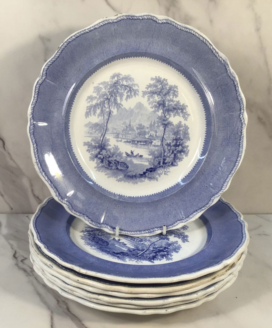 Set 7 English Staffordshire Blue Transferware Davenport 10.5" Dinner Plates (1 of 3)