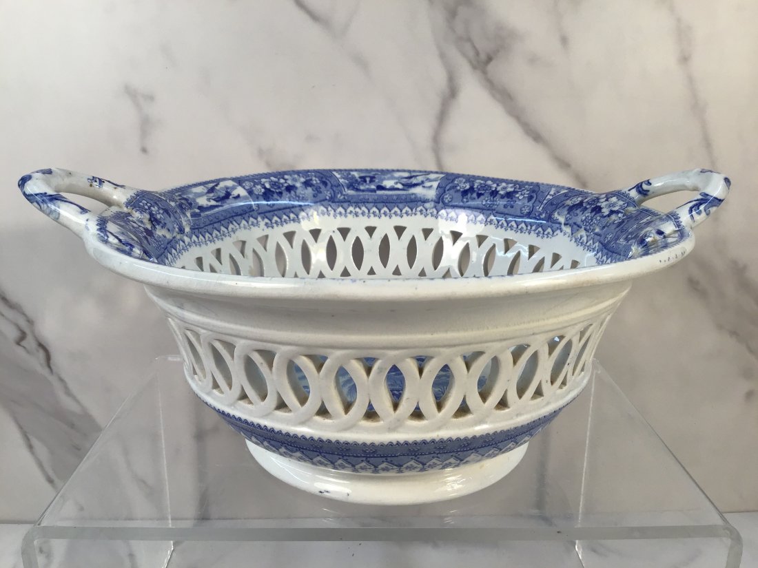 English Staffordshire Mayer blue Canova Pierced 10.5" Basket: Light blue and 4" tall. A rare example in a popular pattern.
