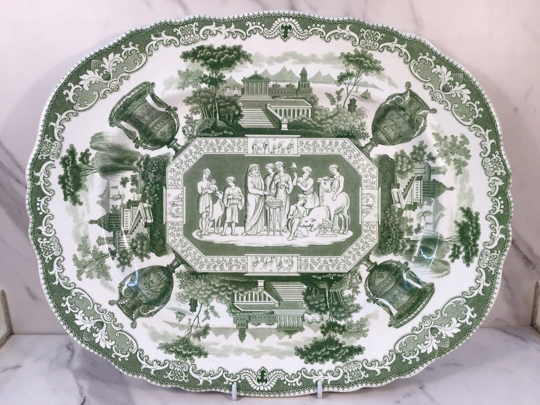 English Staffordshire Green Transferware Greek Temple 17" Platter (1 of 2)