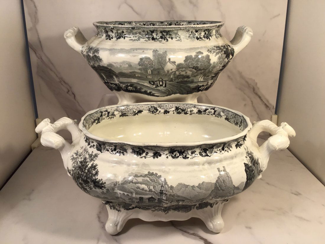 Two English Staffordshire Black Transferware Soup Tureens C1830 (1 of 5)