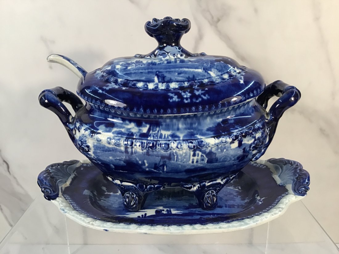 English Staffordshire Pearlware Dark Blue Stevenson Sauce Tureen w Ladle: Excellent dark blue example with original ladle.