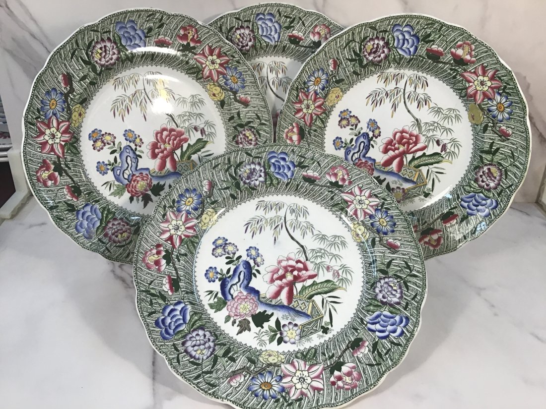 Set 4 Minton Stone China Polychrome Chinoiserie 8.75" Plates: Minton Stone China. Vibrant floral green border centering a chinoiserie galleried landscape.