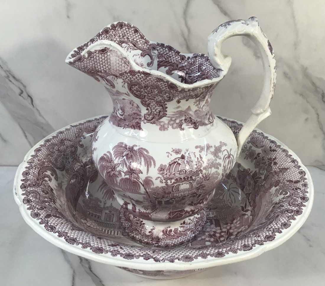 English Staffordshire Purple Transferware "Nan King Temple" Pitcher Wash Basin (1 of 4)