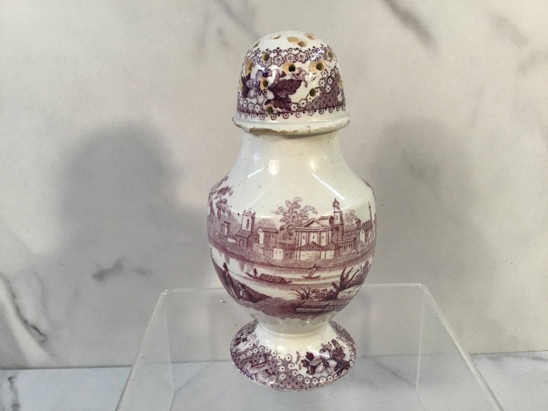 English Staffordshire Purple Transterware Pepper Pot: Neoclassical estate scene with tomb, estate, garden urn