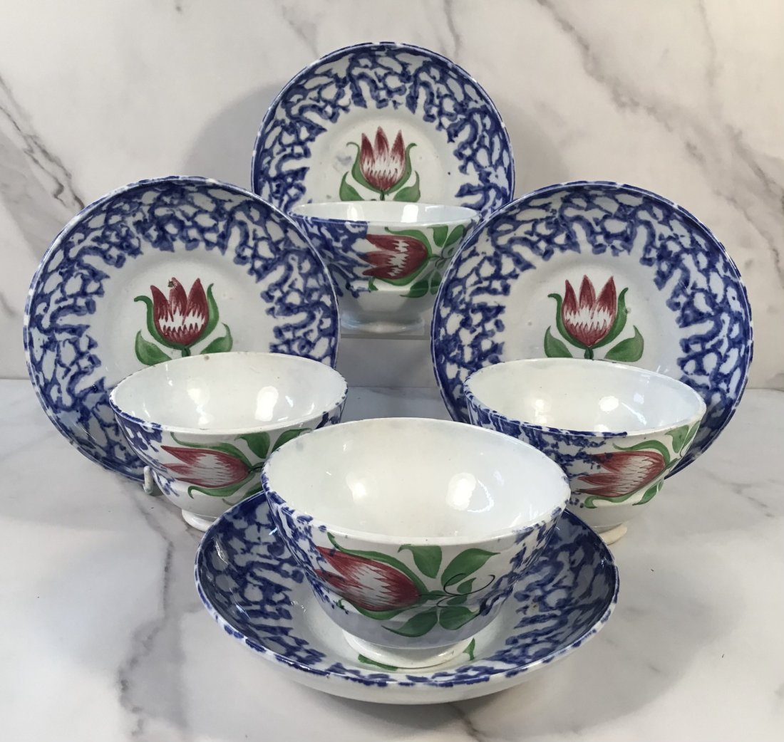 Set 4 English Staffordshire Spongeware Cups and Saucers Tulips: Plates are 6" round