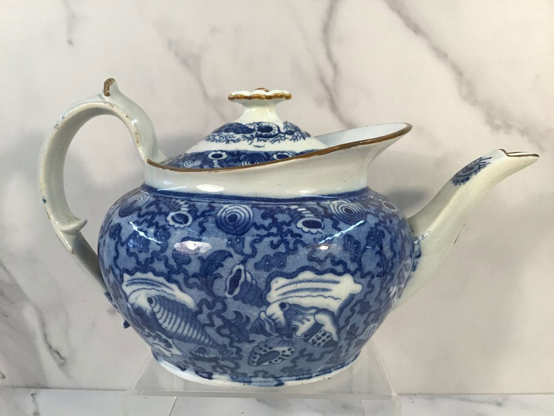 Early English Staffordshire Blue Transferware Teapot Shells Ochre Trim (1 of 5)