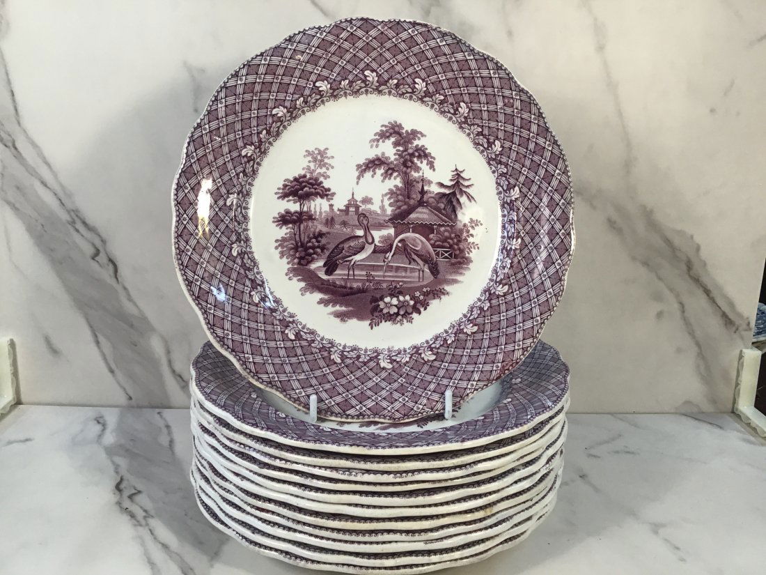 12 RARE Robinson Wood & Brownfield Staffordshire Zoological Plates Purple 9 inches (1 of 3)