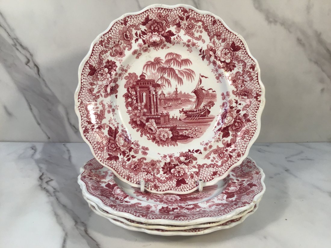 Set 4 English Staffordshire Red Transferware 7.5 inch Salad Plates (1 of 3)