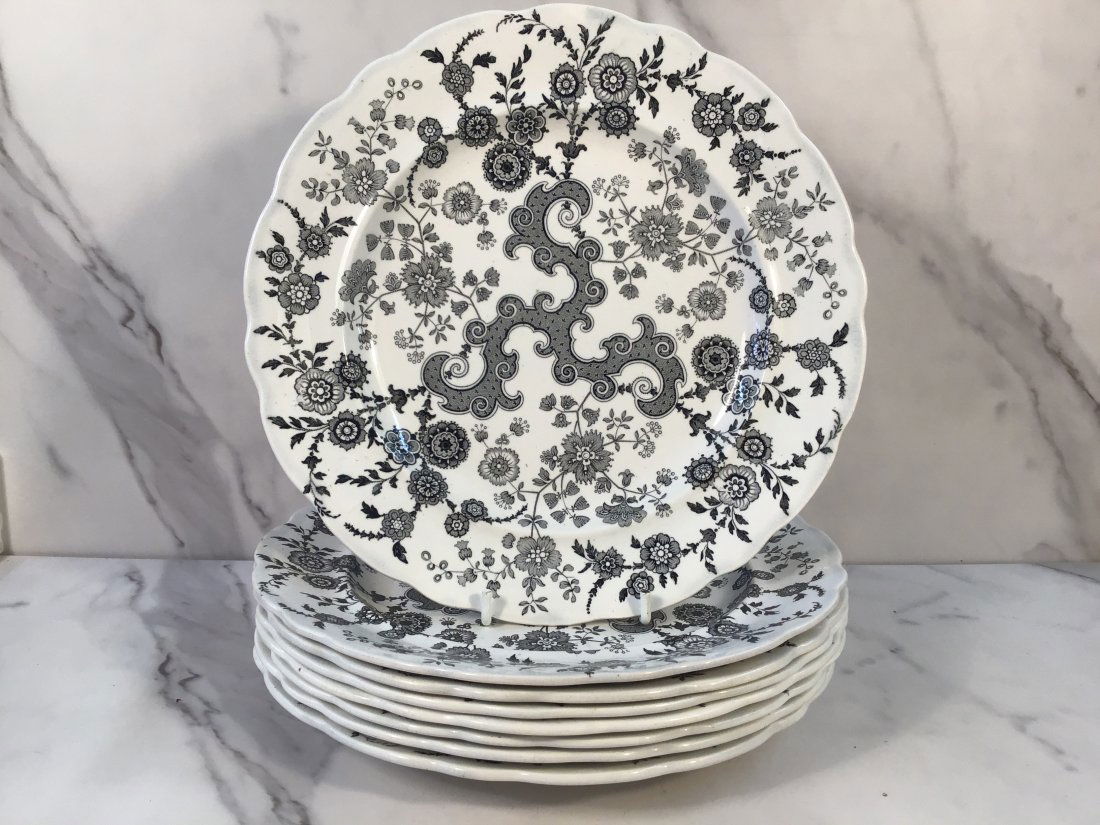 Set 8 William Ridgway & Co. 9 inch Black Flosculous Transferware Plates (1 of 2)