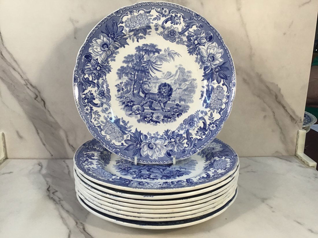Set 9 Spode BLUE Aesop's Fables 'The Fox and the Lion' Dinner Plates 1830 (1 of 3)