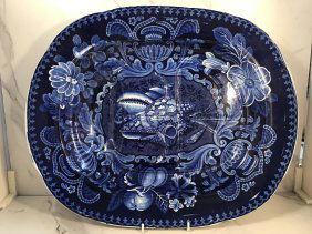 Stubbs Seashell Conch Dark Blue Staffordshire Well Platter 18.5 inch Transferware