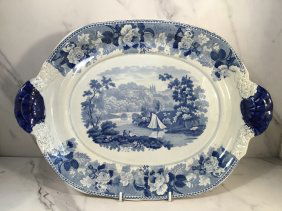 Large Antique Pearlware Medium Blue Transferware Serving Platter Dish Landscape