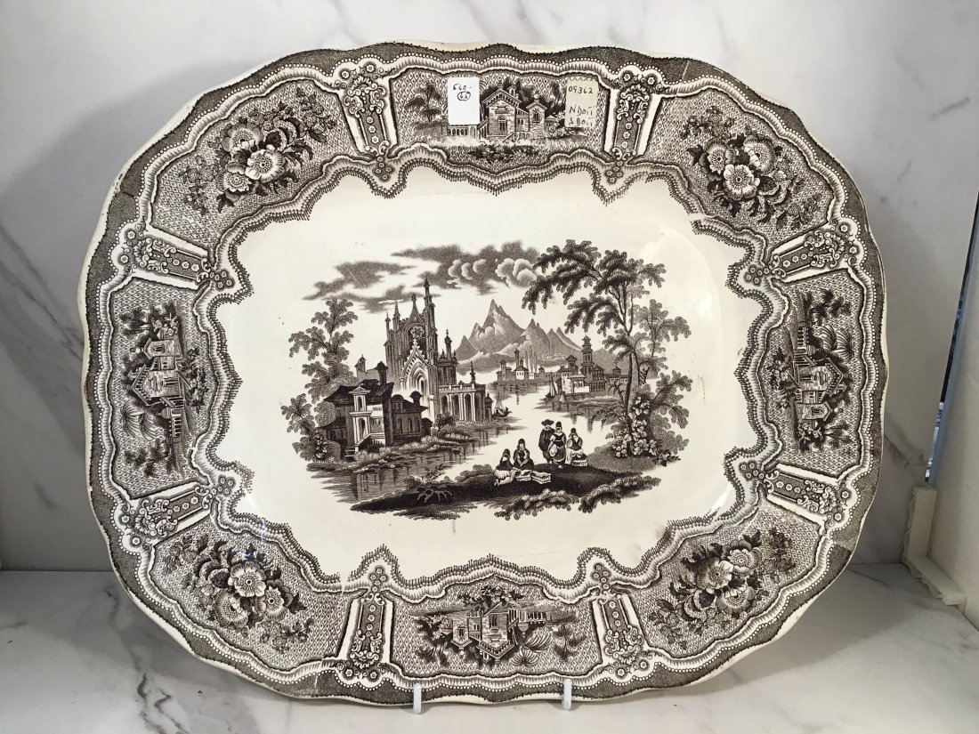 GEORGE & RALPH LEESE c1841 SYRIA 15.75 inch Staffordshire Platter: 15.75 x 13.25" Brown Transferware image of figures in a romantic Gothic landscape with panel border.
