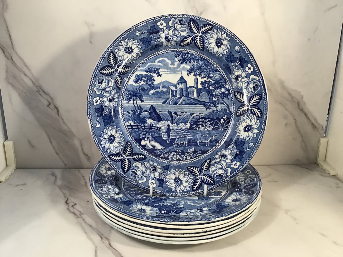 7 Dark Blue Staffordshire Pearlware Falls of Killarney Hackwood Plate 10 inch: All identical - depicting a romantic version of a castle and family with cows C1830.