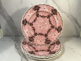 4 Rare Ridgway ETRUSCAN FESTOON Pink Black Transferware 9 Inch Plates 1835