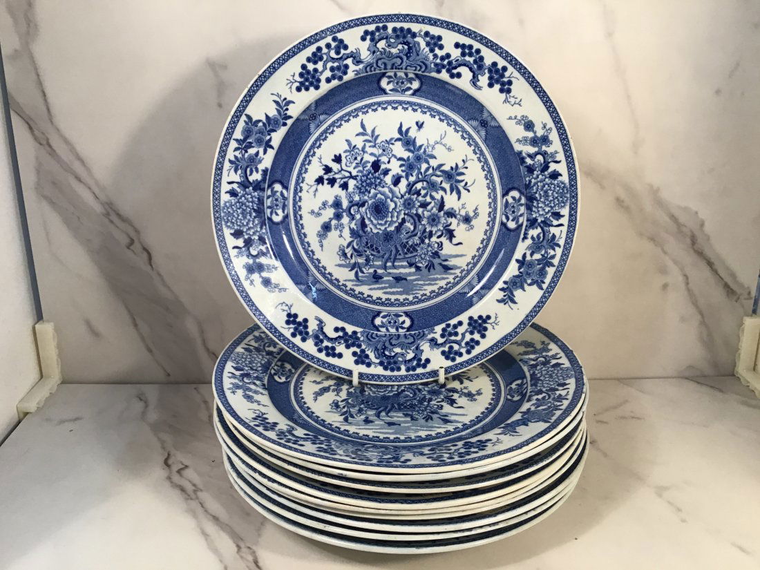 Set 10 Minton C1810 Pearlware Chinese Blue Flower 9.5 inch Plates (1 of 2)