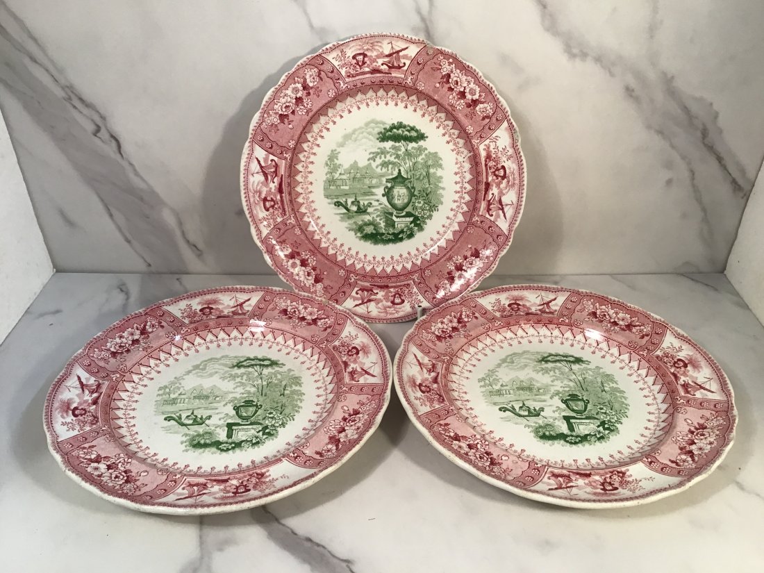 3 Rare Mayer Canova Staffordshire Bicolor 8 inch Plates C1835: Depicting an urn and a water scene
