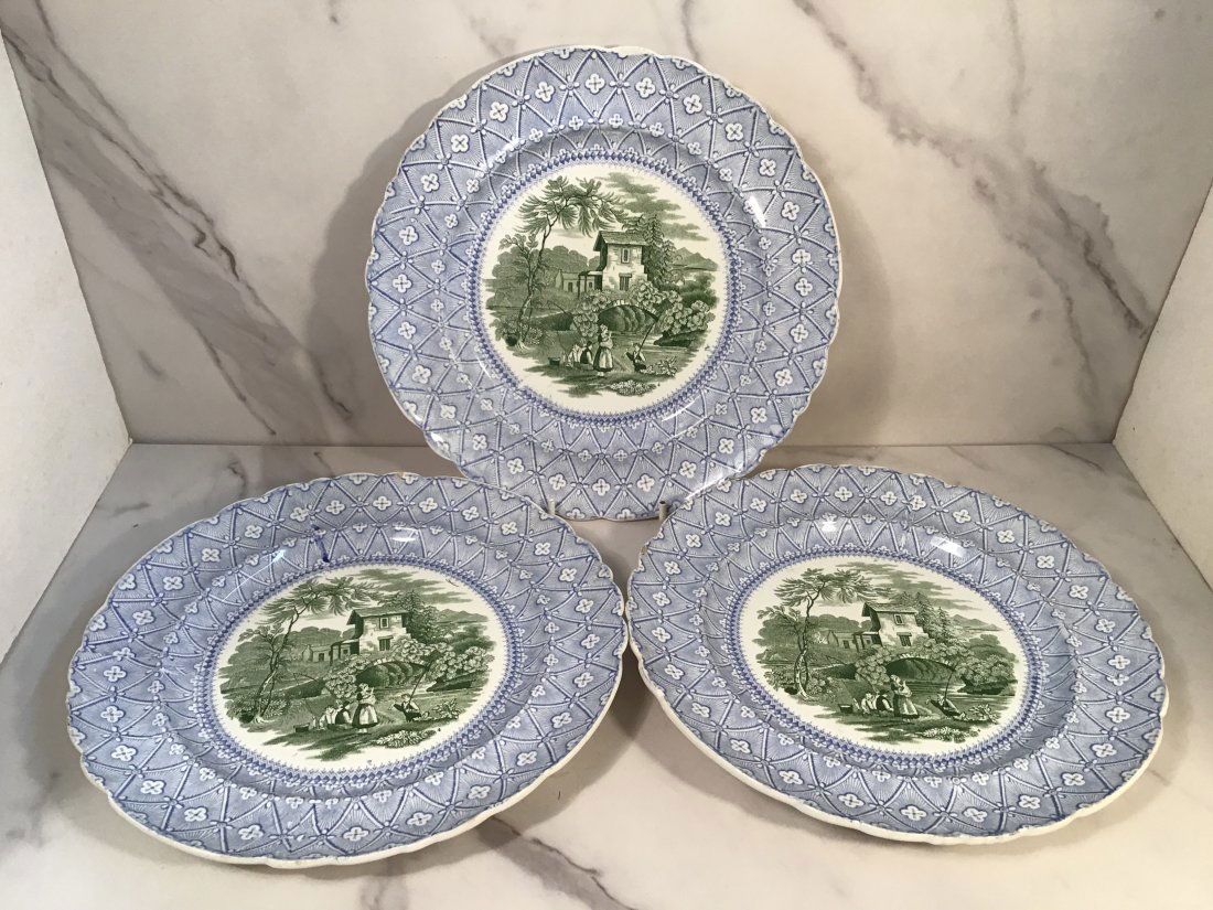 3 Rare Enoch Wood Staffordshire Bicolor FISHERMAN 9.25 inch Plates C1835 (1 of 2)