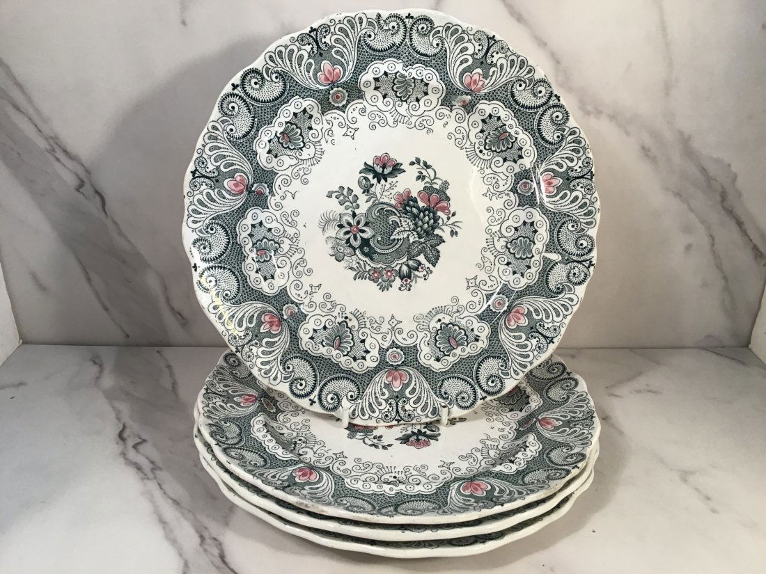Set 4 Adams Staffordshire Bicolor 9.5 inch Plates Flowers c1835 (1 of 2)