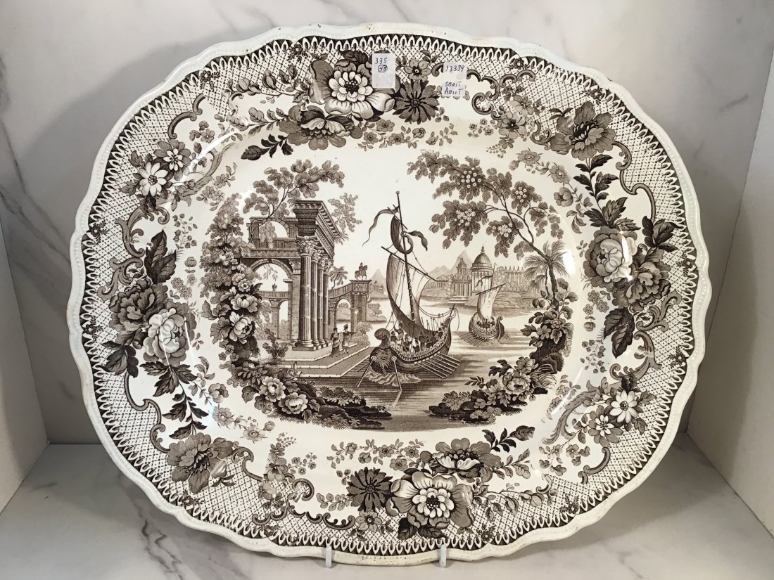 Staffordshire T MAYER Stoke on Trent Oriental Brown 17 inch PLATTER C1835: Depicting an elaborate Neoclassical harbor centered by a floral border.
