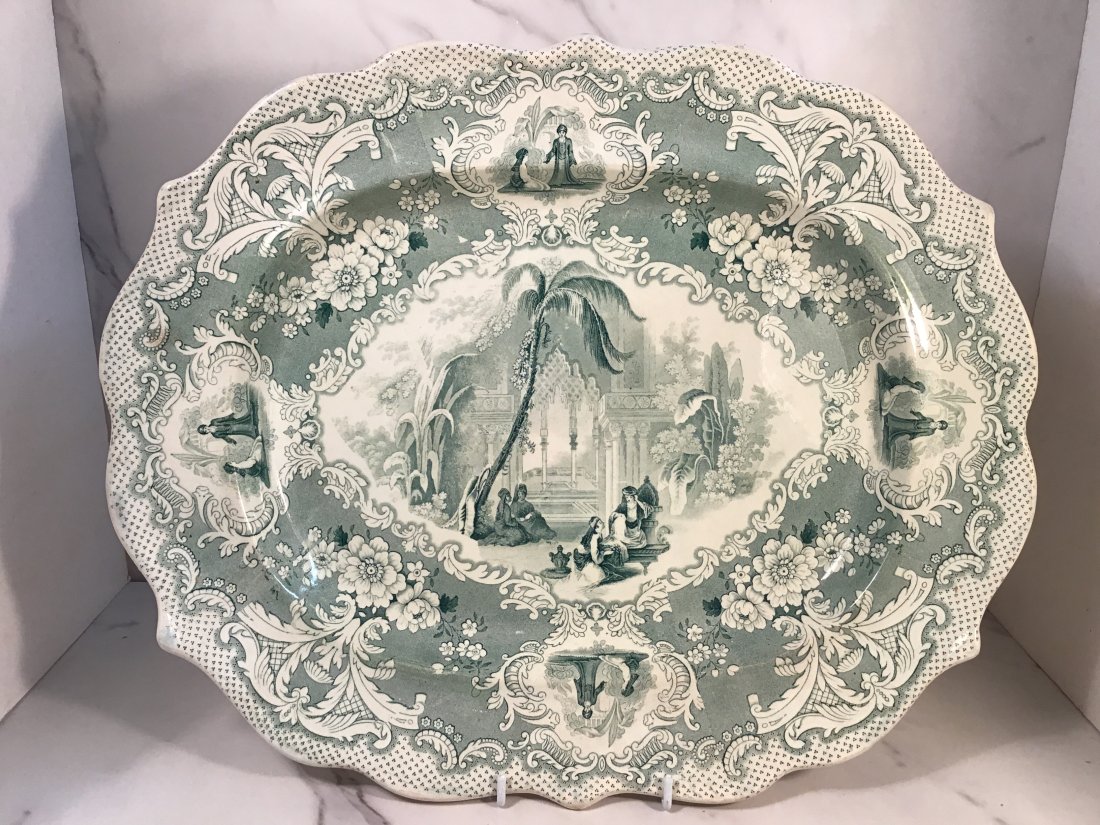 English Staffordshire Teal Transferware 17 inch Platter c1835: Figures in a Moorish setting. Mark embossed on back.