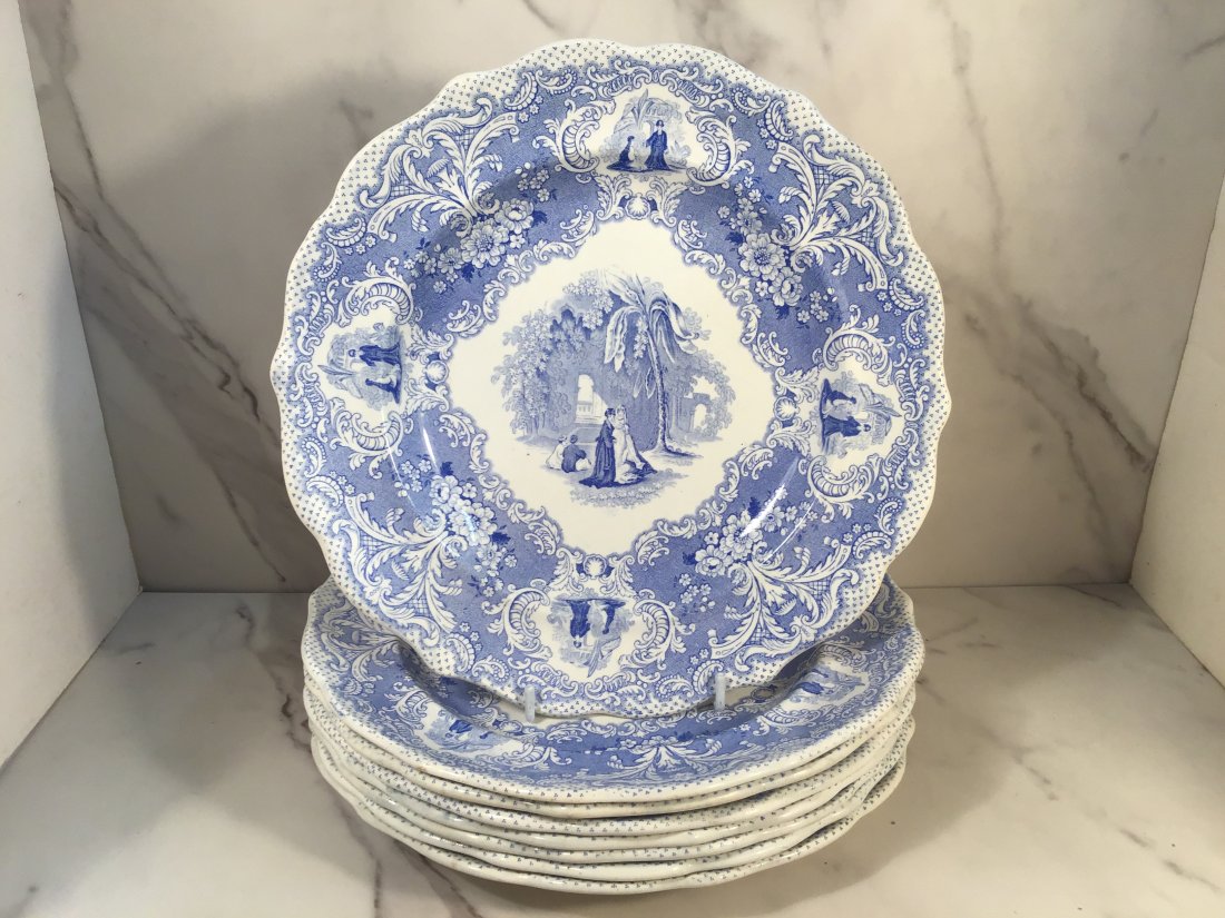 Set 8 Middlesbro ARABIAN KNIGHTS Staffordshire 10.25 Inch Plates C1835: Blue Transferware depicting figures in a tropical landscape.