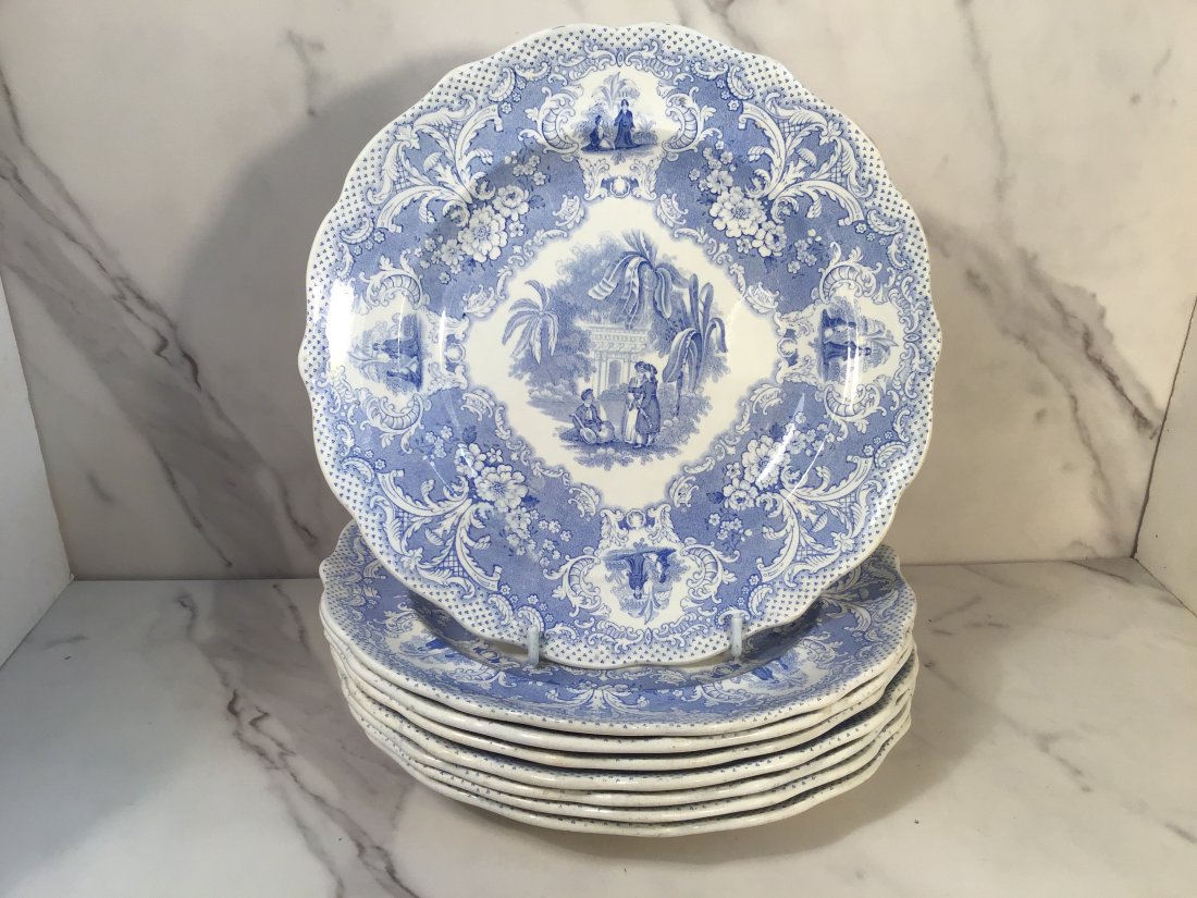 8 Middlesbro ARABIAN KNIGHTS blue Staffordshire 9.5 Inch Plates C1835: Depicting people in a tropical setting. Very sturdy.