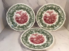 Set 3 Adams Bicolor Green Red Transferware 9 inch Plates C1835