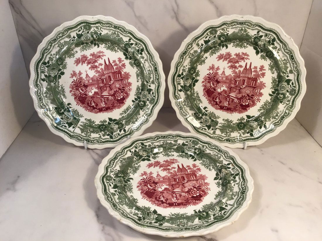 Set 3 Adams Bicolor Green Red Transferware 9 inch Plates C1835 (1 of 1)
