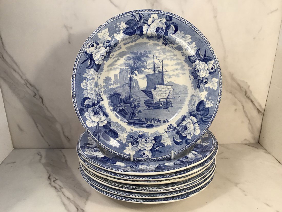 8 English Staffordshire RORSTRAND BLUE & WHITE 9.5 Inch Soup Bowls: Depicting a ship in a harbor with cows in the foreground. A very rare and desirable pattern.