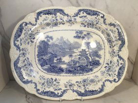 Staffordshire Davenport Blue Transferware CHINESE TEMPLE 16.5 in. Platter C1835