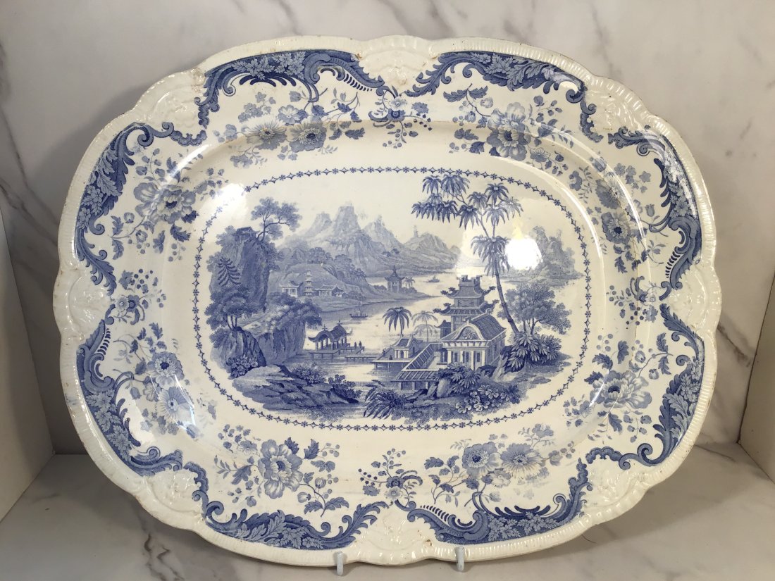 Staffordshire Davenport Blue Transferware CHINESE TEMPLE 16.5 in. Platter C1835: Depicts a Chinese temple on a bay with boats in the background. Raised border