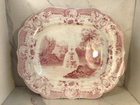 Red Pink Transferware Enoch Wood & Sons FOUNTAIN English 18.5 In Platter C1835