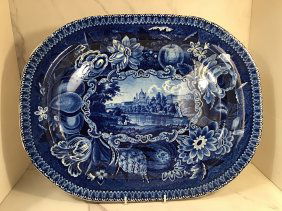 English Staffordshire R Hall SELECT VIEWS Dark Blue 19 In Platter C1835