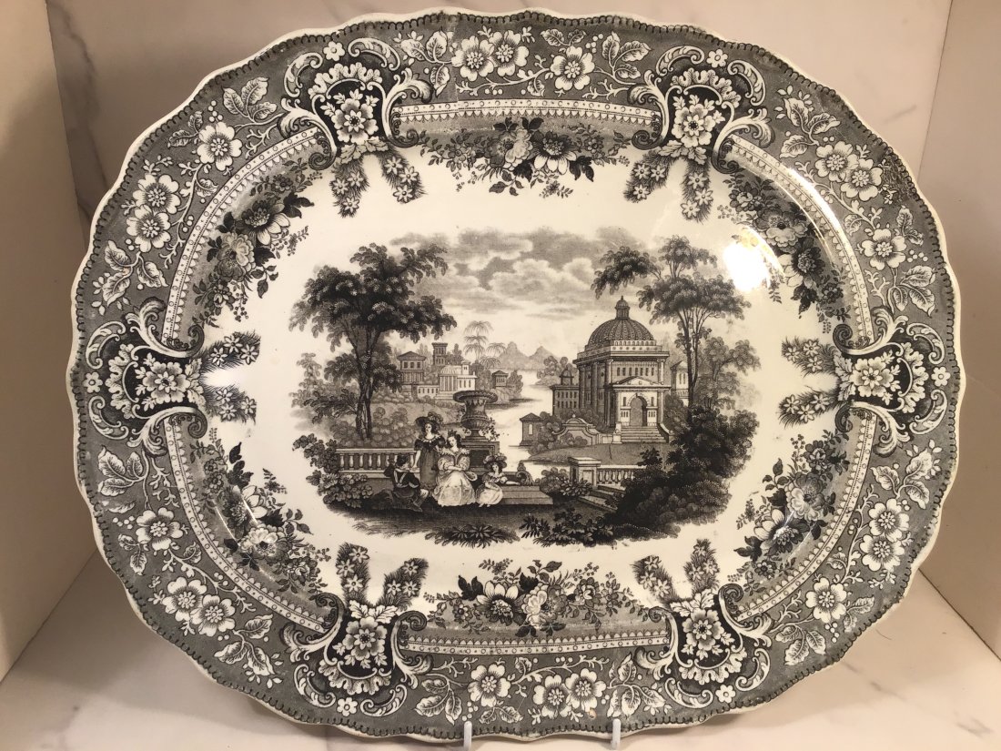 English Staffordshire Francis Dillon 1834 MILANESE VILLAS Platter: 17.25" an elaborate pattern in black.