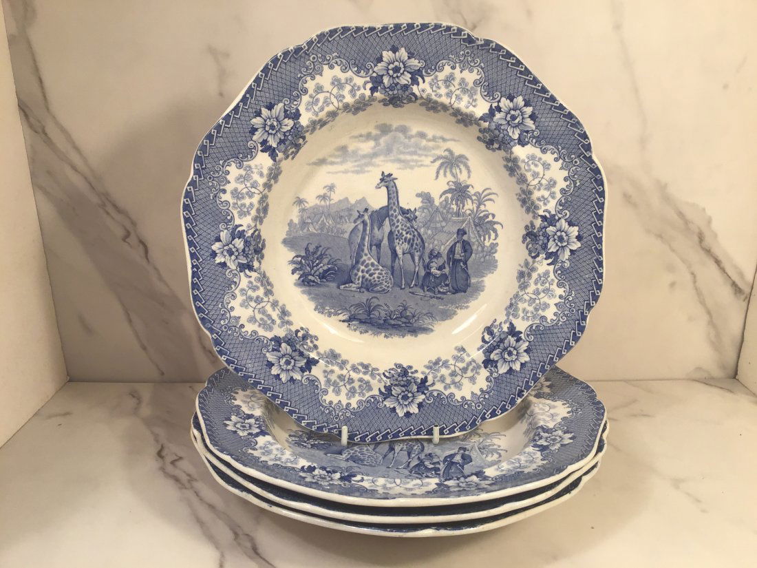 4 RARE Ridgway 1836 GIRAFFE STONEWARE Soup Bowl Blue Transferware (1 of 2)