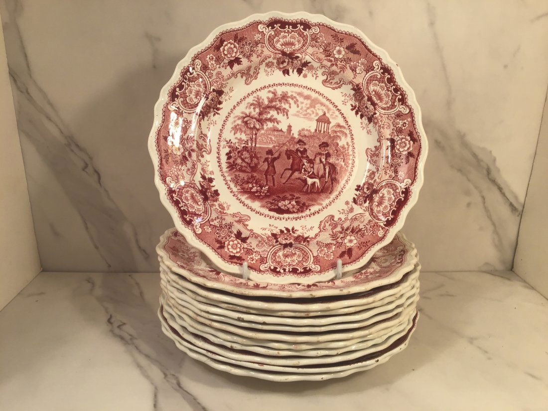 Set 12 ANDALUSIA Red Transferware 9.25 Inch lunch Plates Staffordshire (1 of 1)