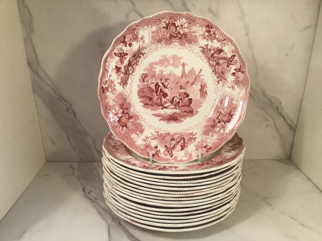 Set 17 1820 Staffordshire THE SEA by ADAMS Red White Transferware England 9.5” Plates (1 of 2)