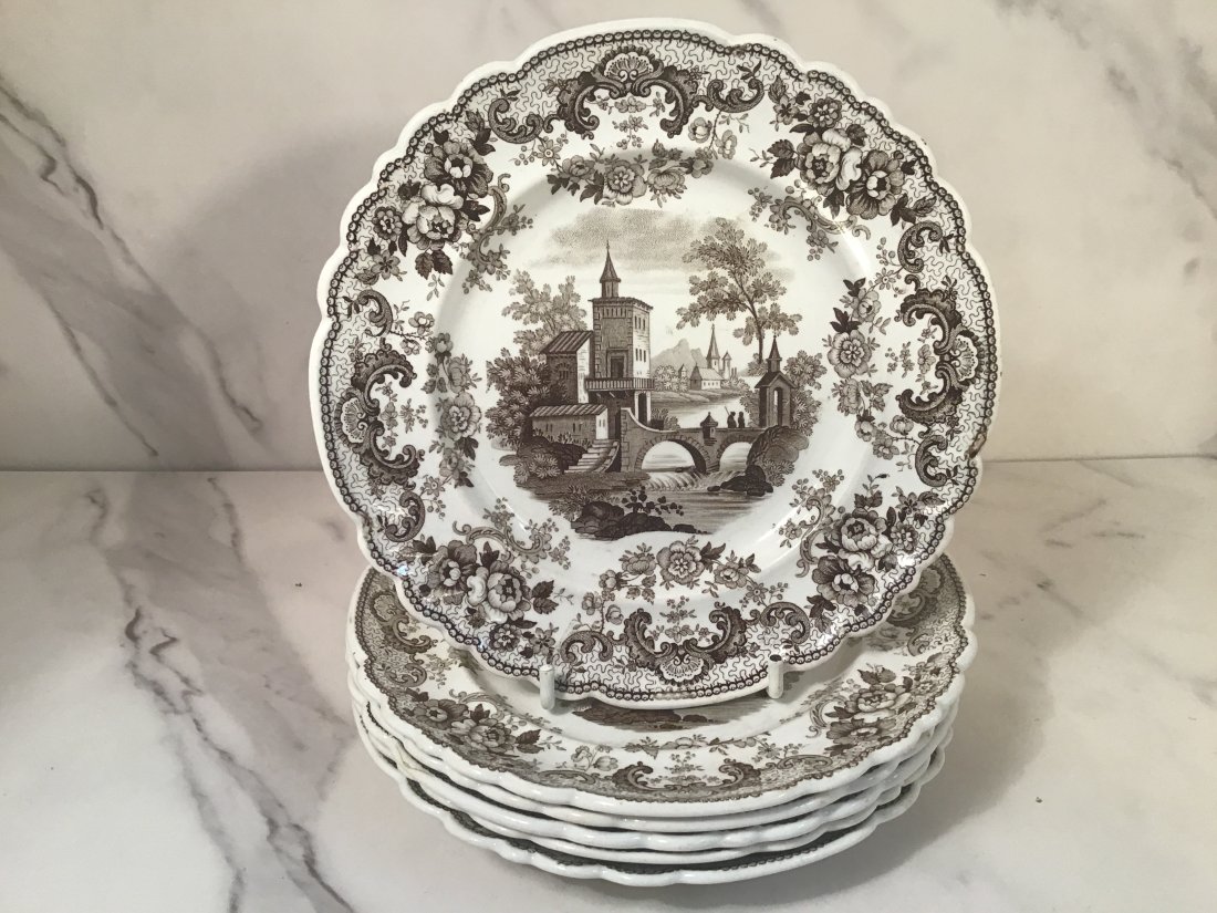 Set 6 POMERANIA by JOHN RIDGWAY c1830 Brown Transferware 6.5” Plates Staffordshire (1 of 2)