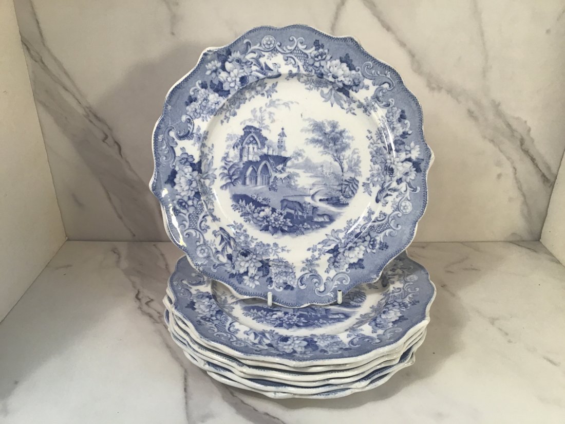 Set 7 English Staffordshire Blue 9 Inch Plates Deer Grazing: Depicting a group of deer grazing in foreground of property