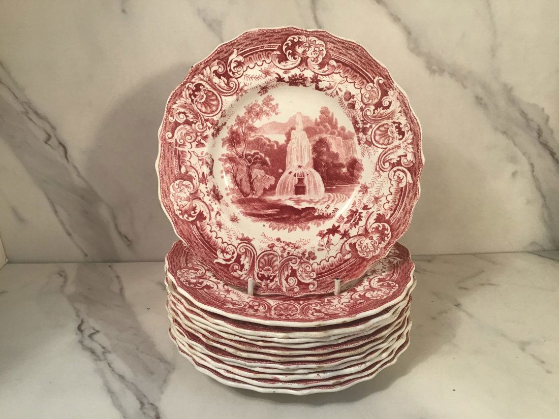 Set 12 Red Pink Transferware Enoch Wood & Sons FOUNTAIN English 7 inch Plates (1 of 2)