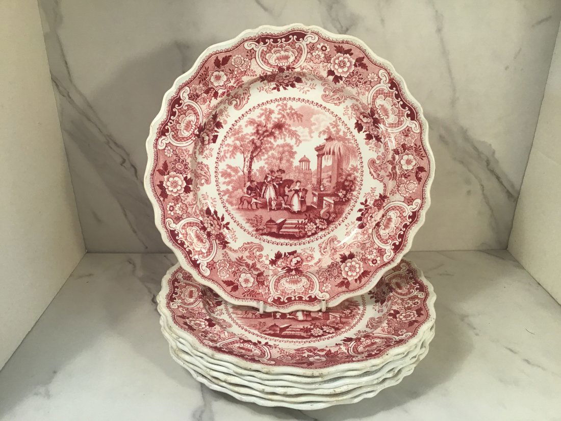 Set 8 Adams ANDALUSIA Red Transferware 10 Inc Plates Staffordshire England 1830 (1 of 1)