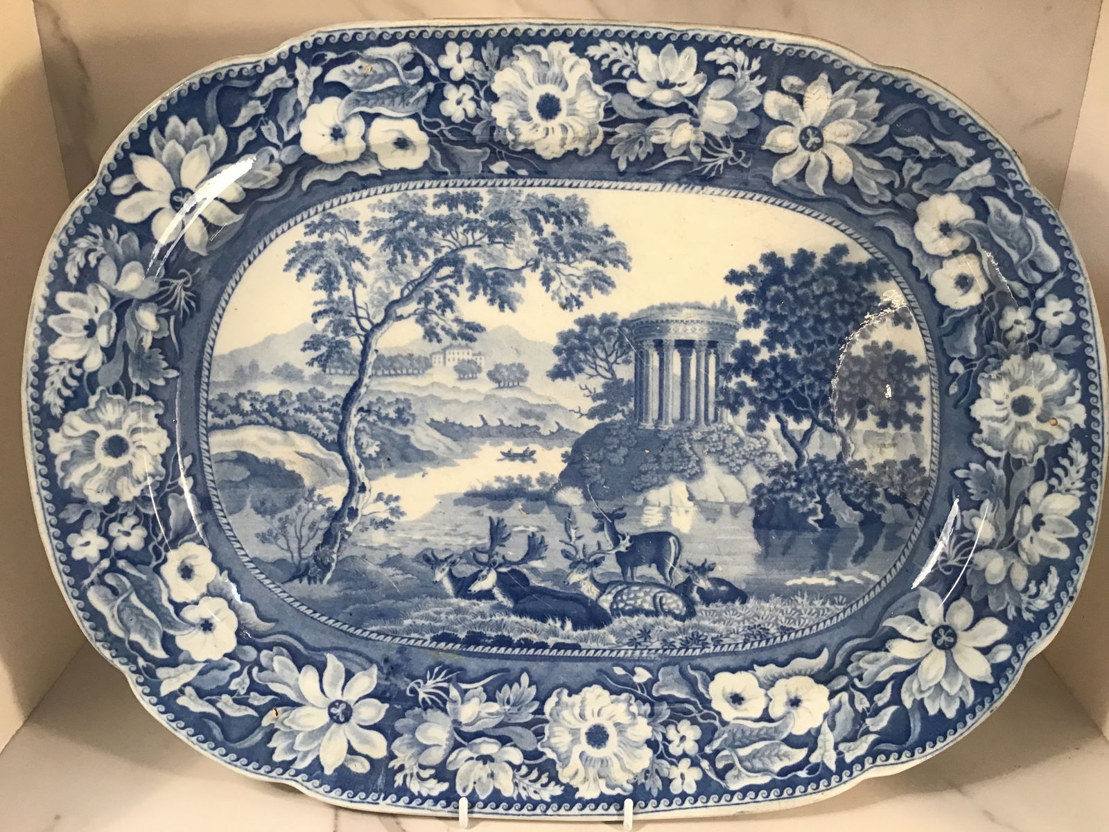 Staffordshire Pearlware Blue White Transferware 19 Inch Platter Deer Folly Rotunda Ruin (1 of 2)
