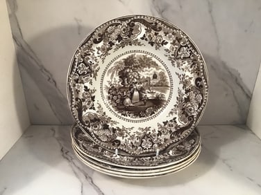 5 19th Century Antique Brown Transfer 10 inch Soup Bowls ITALIAN BUILDINGS R. Hall