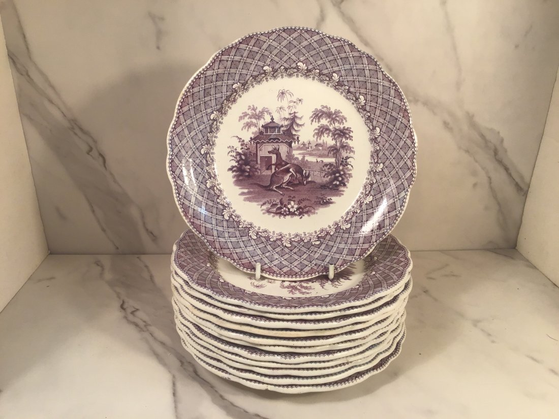 Set 12 Robinson Wood & Brownfield Staffordshire Zoological 7.25 Inch Plates C 1837 Purple: All in great condition depicting kangaroos