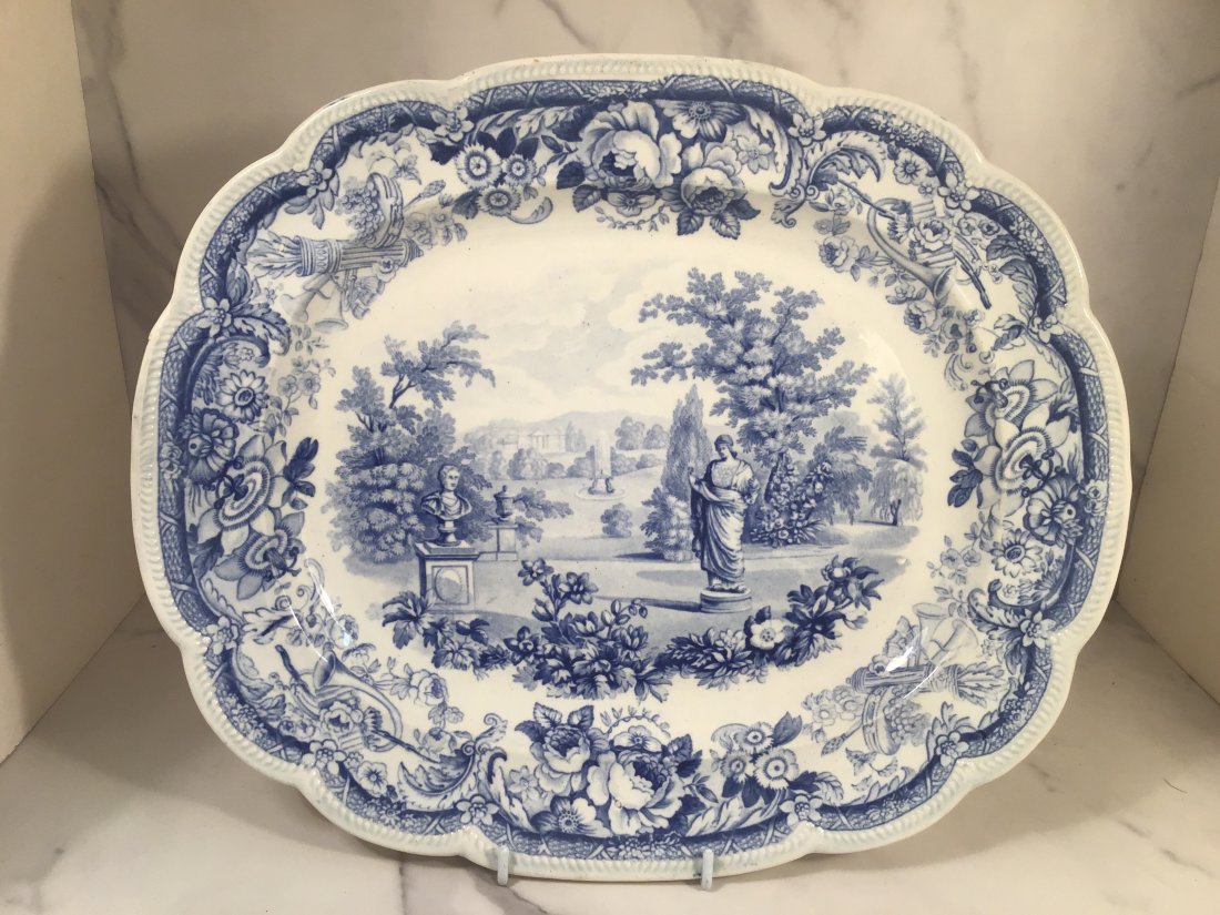 English Staffordshire Blue Transferware 17.5 Inch Classical Platter: Depicting Classical statues in an English garden
